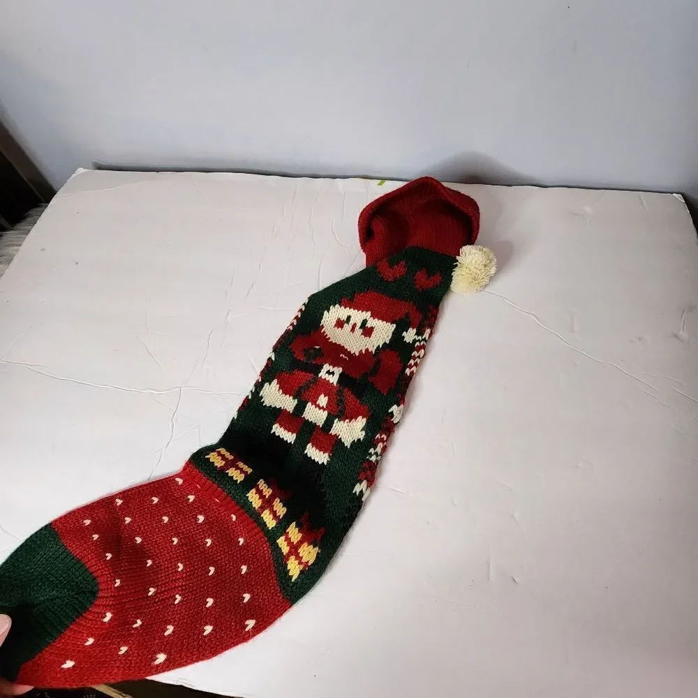 New Vintage Acrylic Knit Christmas Stocking Sock Santa Pom Pom 25”